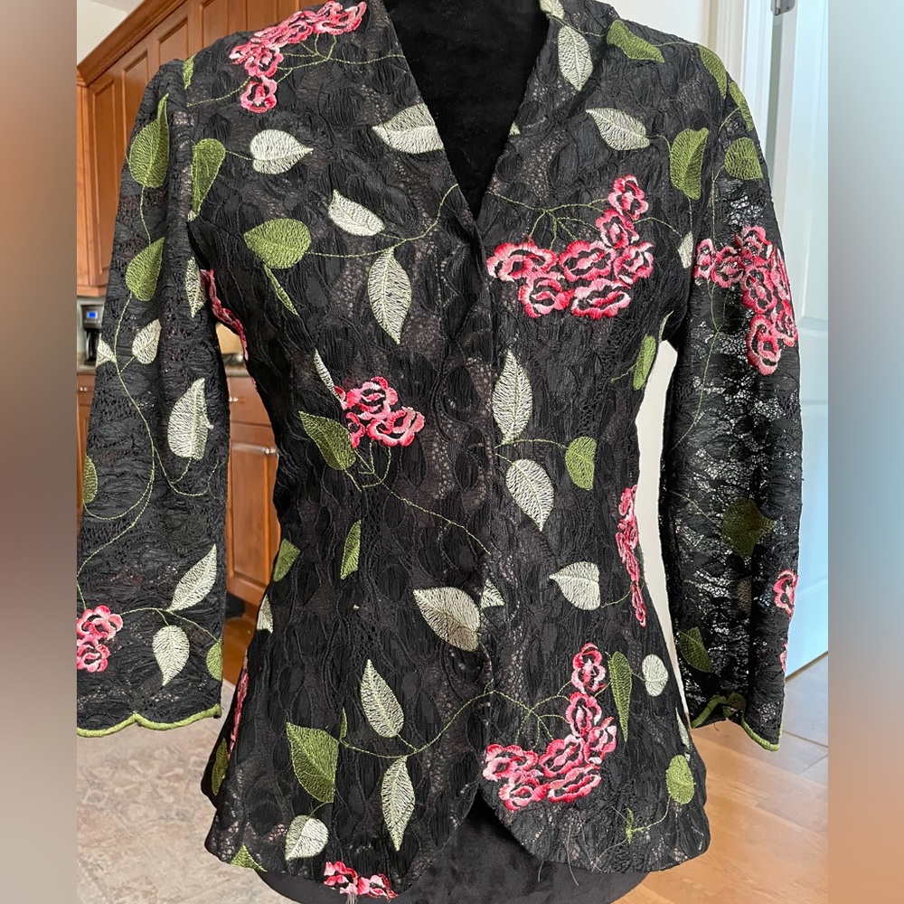 Victor Costa Black Floral Embroidered Jacket